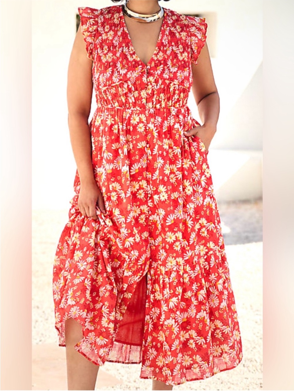 Anthropologie Peregrine Floral V Neck Flutter Sleeve Midi Dress Size Medium